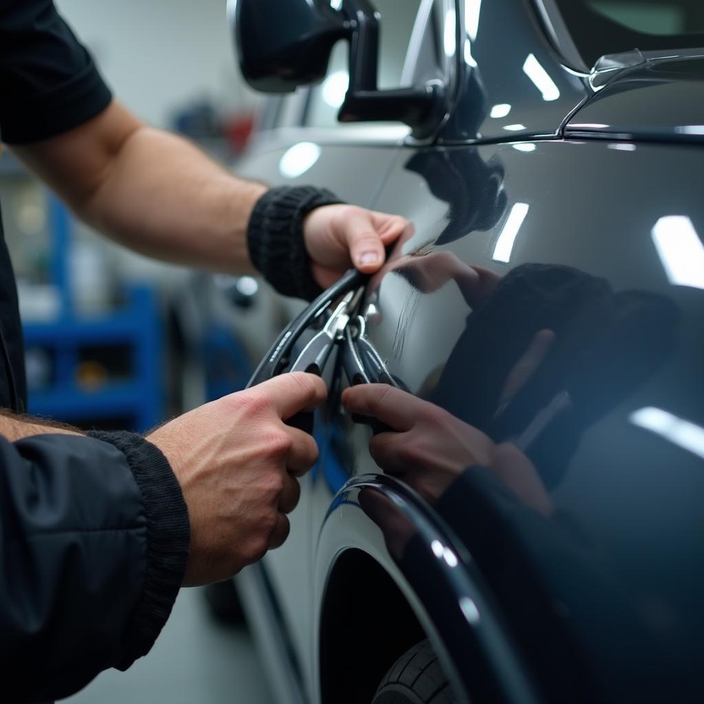 Skilled car body repair technician in Bordon inspecting a dent