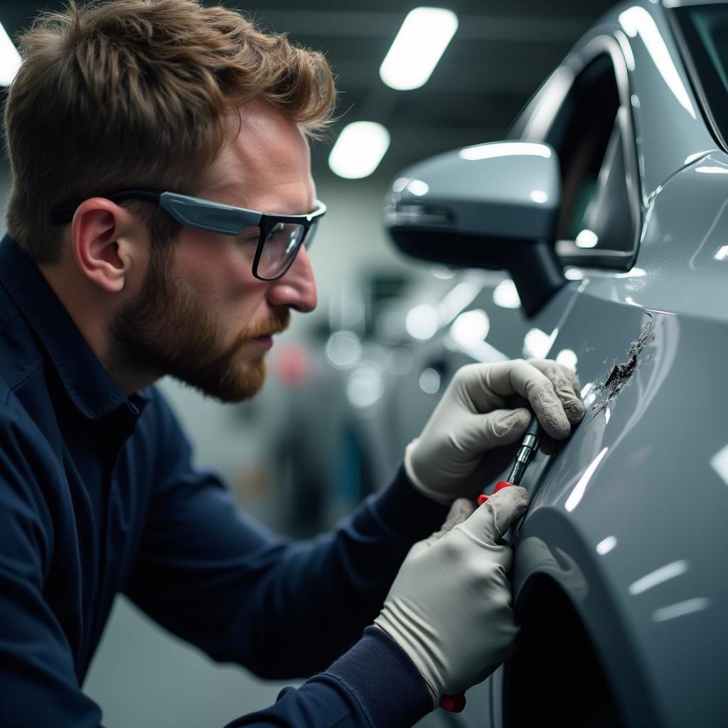 Experienced car body repair technician inspecting a vehicle in Canberra