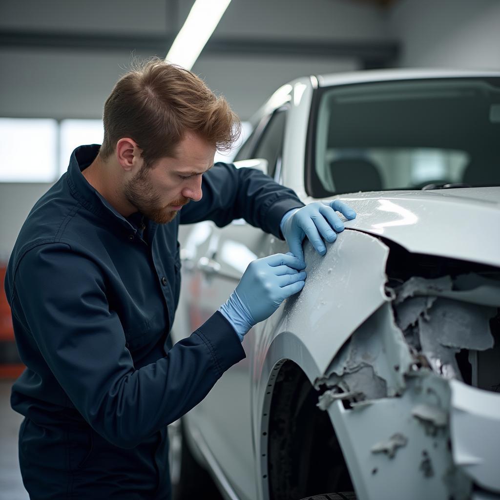 Car body repair technician in Guildford examining a damaged car