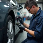 Skilled technician inspecting car damage in Horncastle