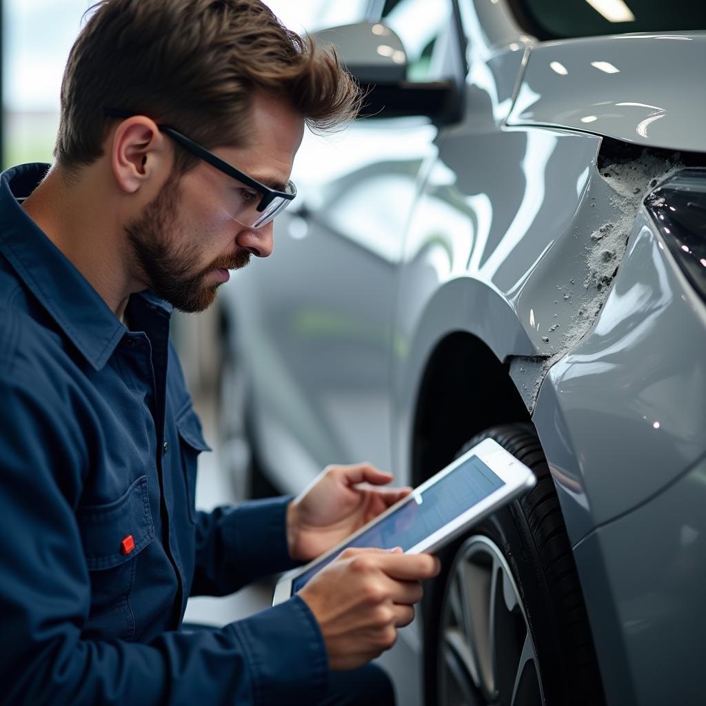 Experienced technician examining car damage