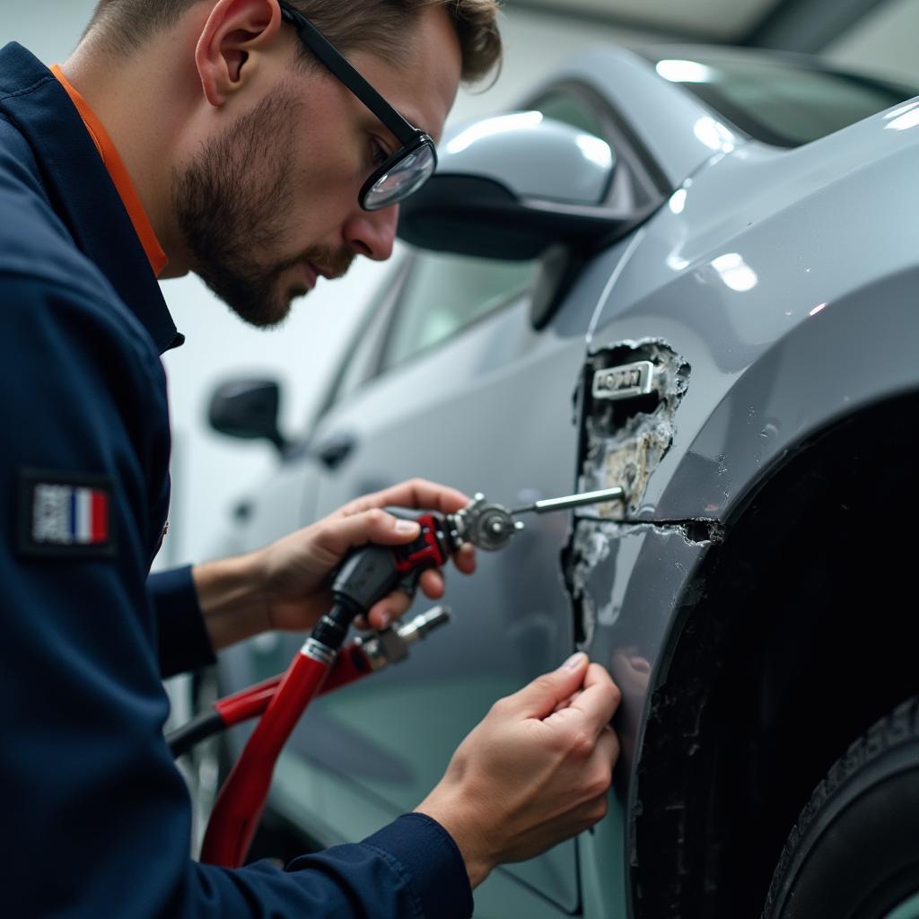 Car Body Repair Technician Inspecting Damage