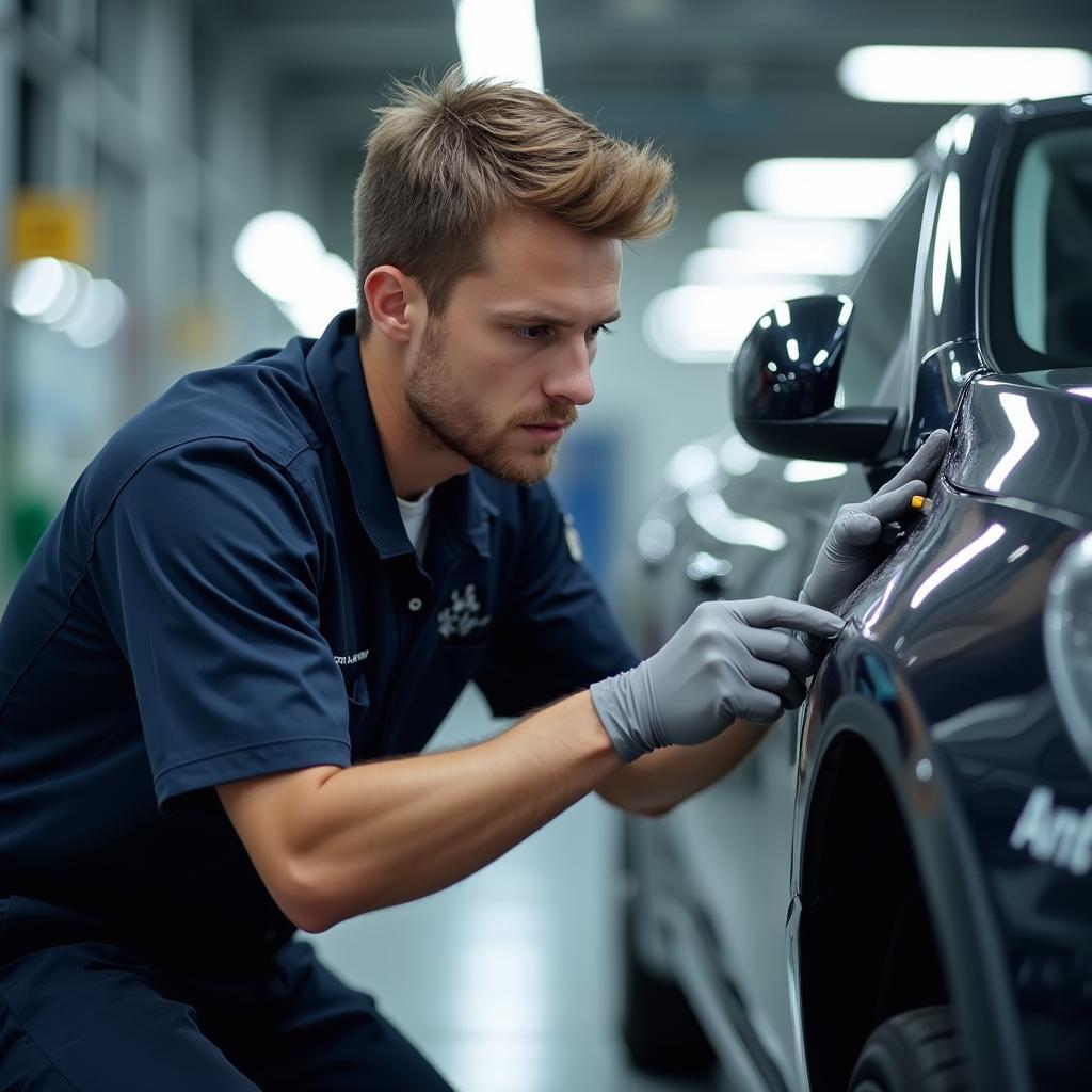 Car Body Repair Technician Inspecting Damage