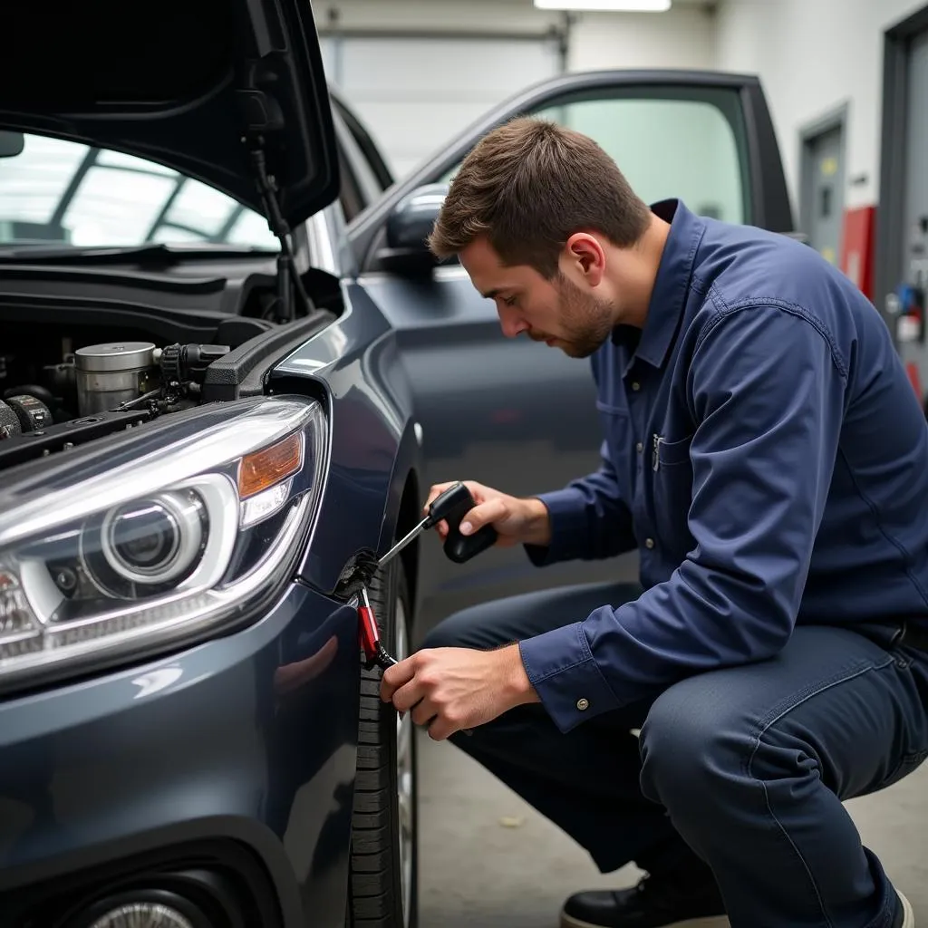 Technician inspecting car damage in Limwood