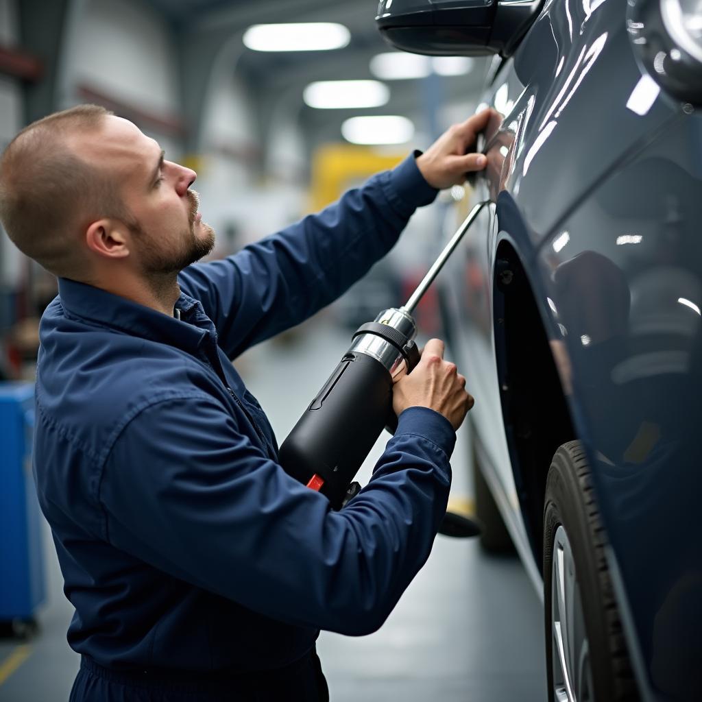 Skilled car body repair technician working in Mitcham