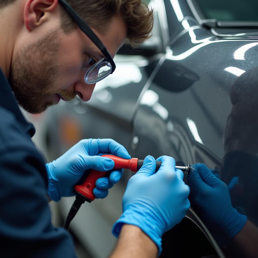 Skilled technician performing car body repair in Redcar