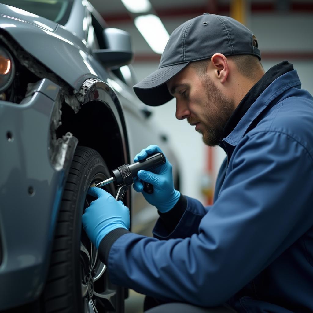 Skilled car body repair technician in Silver End inspecting damage