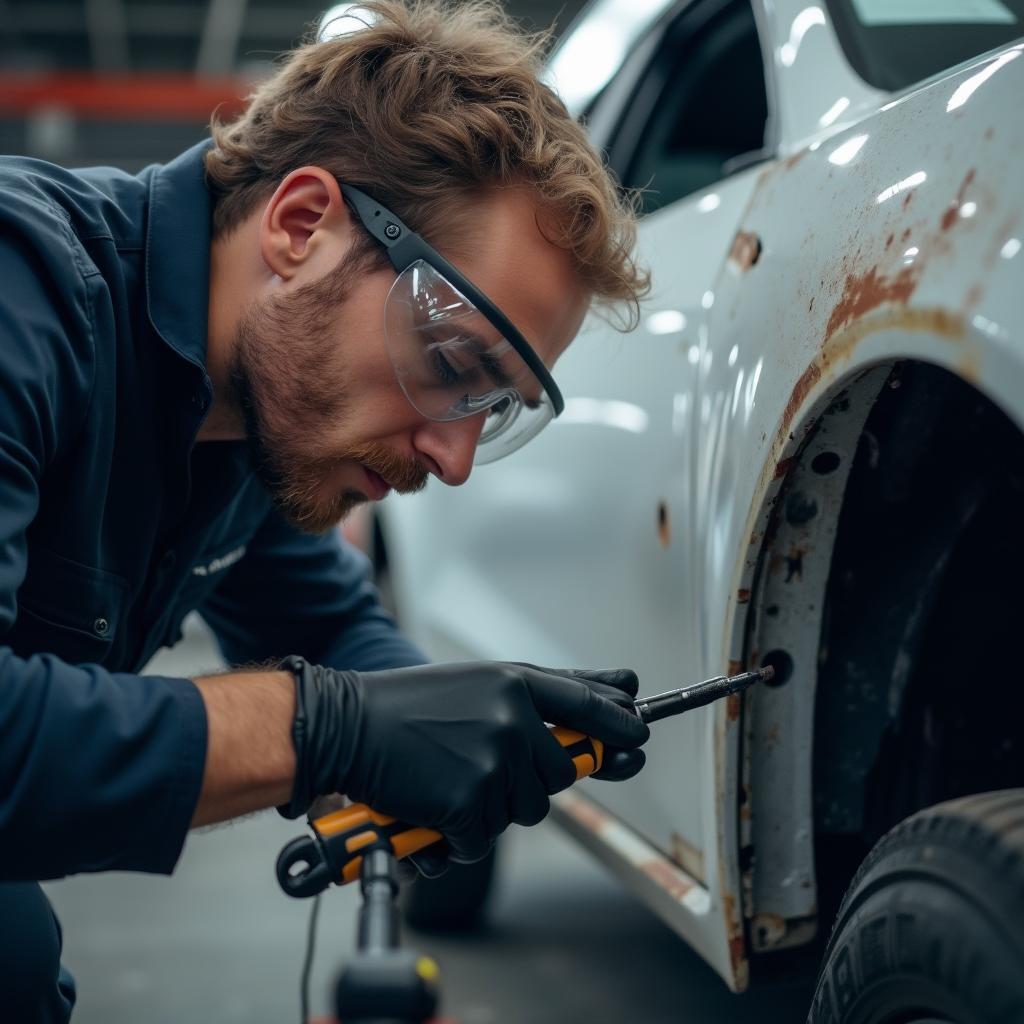 Skilled technician performing car body repairs in Stonehouse