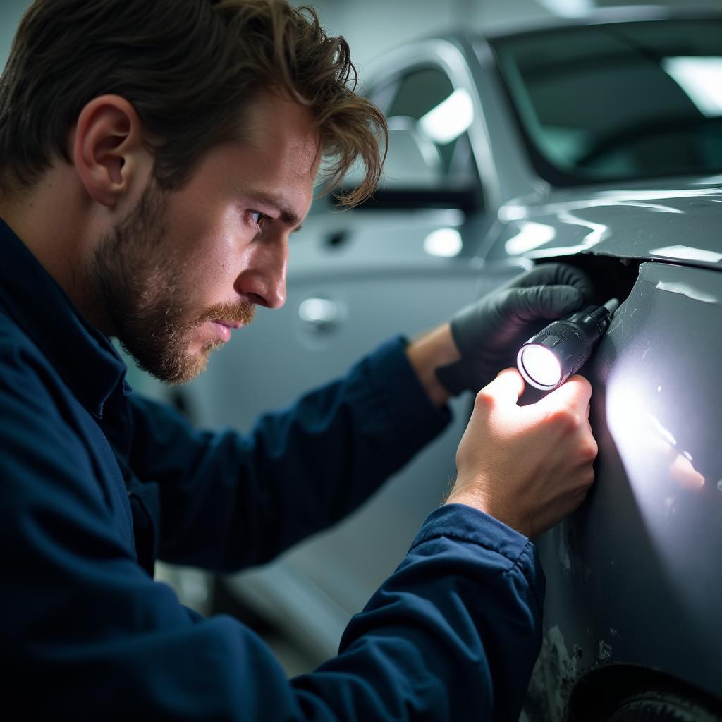 Car body repair technician in Wareham inspecting damage