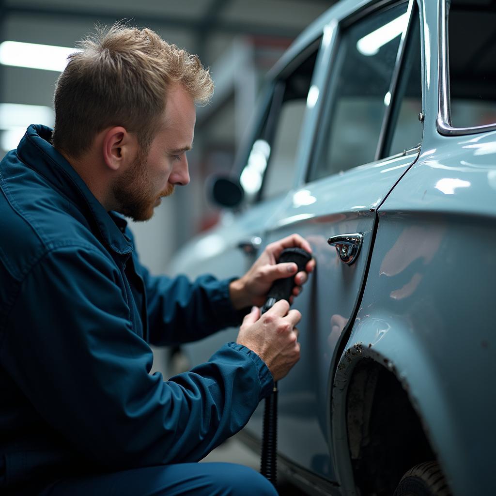 Skilled car body repair technician working in Worcester