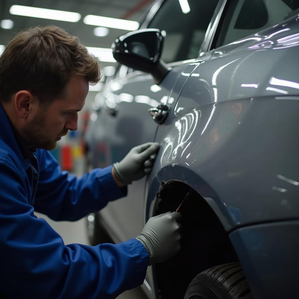 Skilled technician performing meticulous car body repair work.