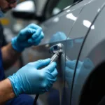 Skilled technician using specialized tools to repair a dent on a car door