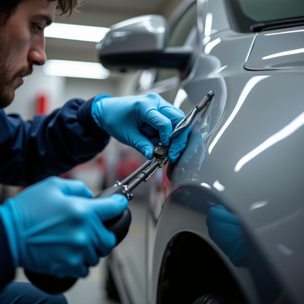 Car body repair technician working on a dent