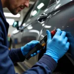 Car Body Repair Technician Working on Dent