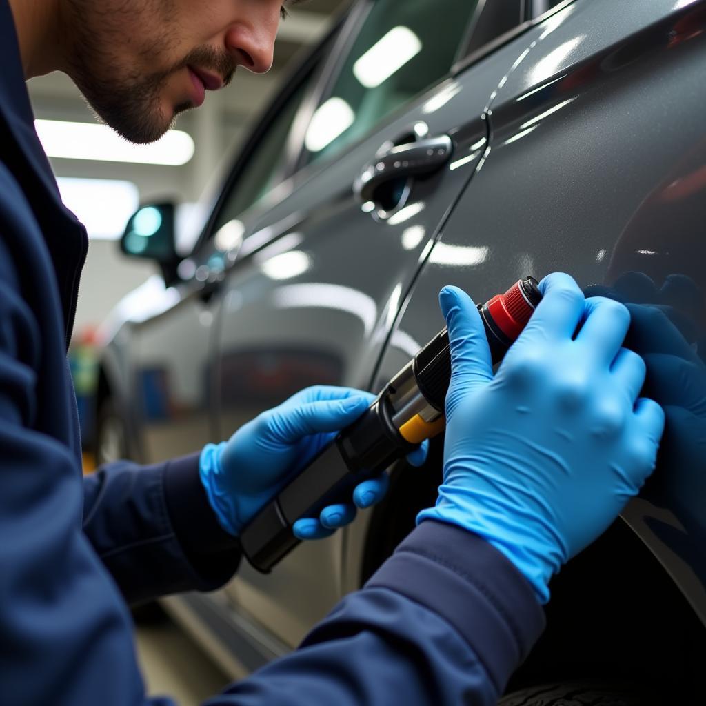 Car Body Repair Technician Working on Dent