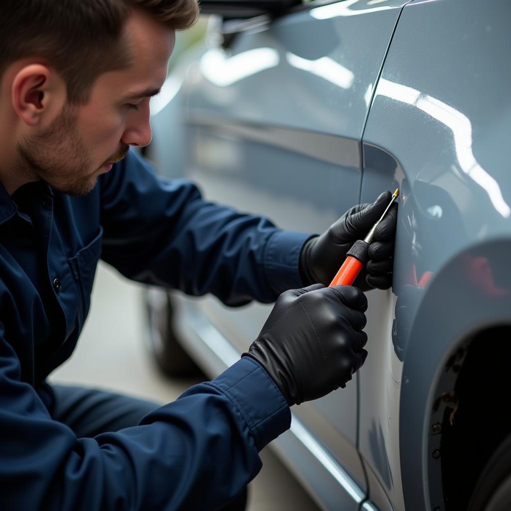 A car body repair technician skillfully repairing a dent in a vehicle