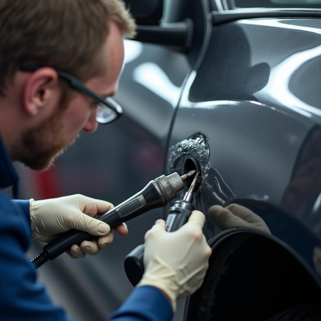 Car body repair dent removal in progress