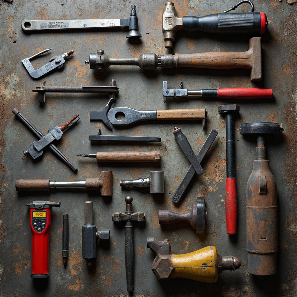 An array of specialized tools for car body repair.