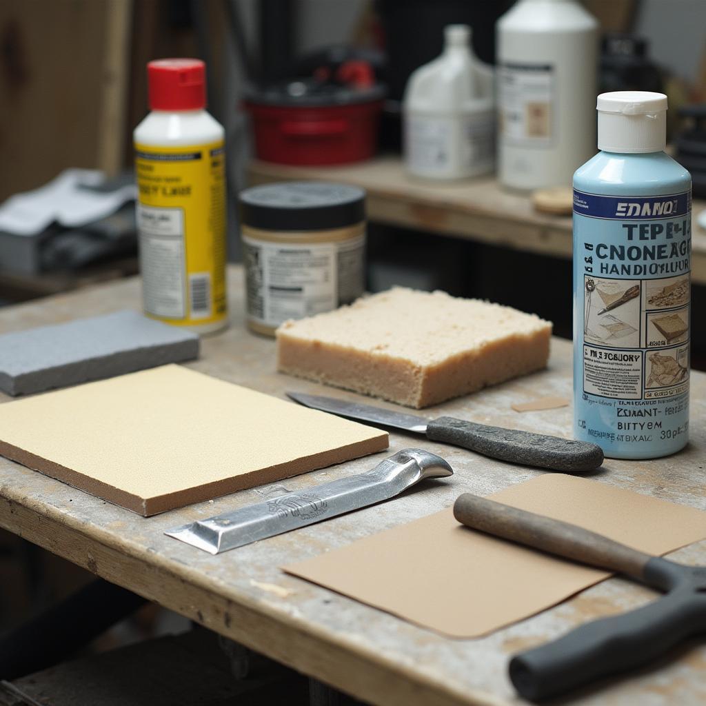 Car body repair tools and materials laid out on a workbench