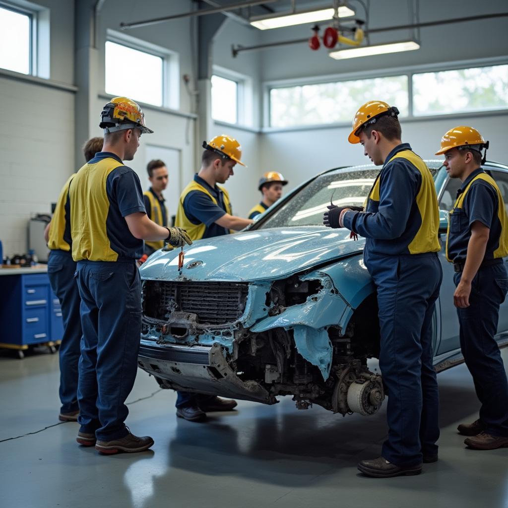 Students practicing car body repair techniques on a training vehicle