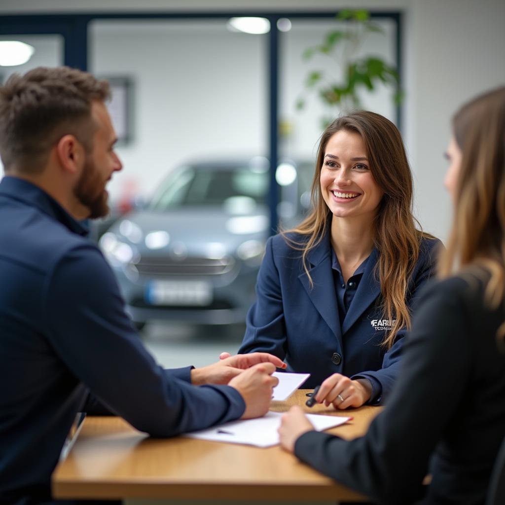 Customer service representative assisting a client at a car body repair shop in Tyldesley.