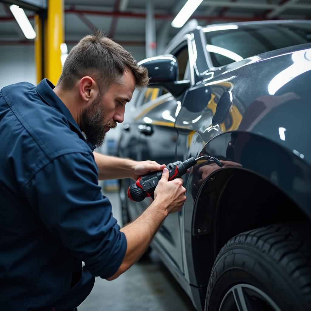 Car body repair technician working on a dent in Tyldesley.