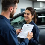 Mechanic explaining car body repair warranty details to a customer