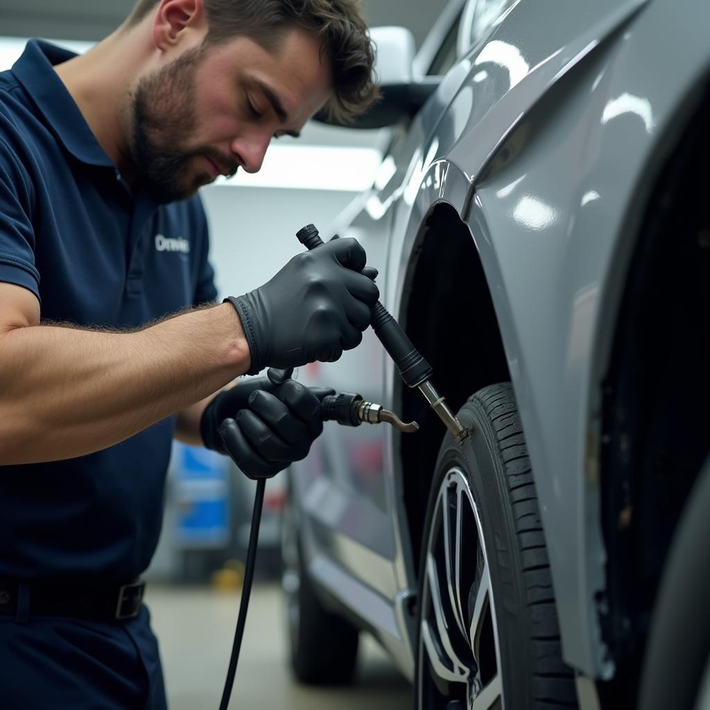 Skilled technician performing car body repair in Wicklow