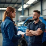 Mechanic providing a car body repair cost estimate in Wirral