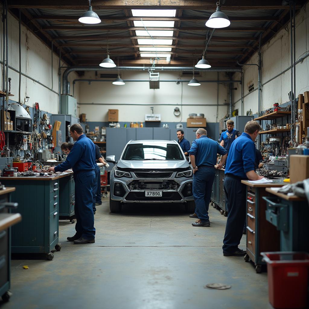 Car body repairs in progress at a professional workshop in Newcastle Emlyn