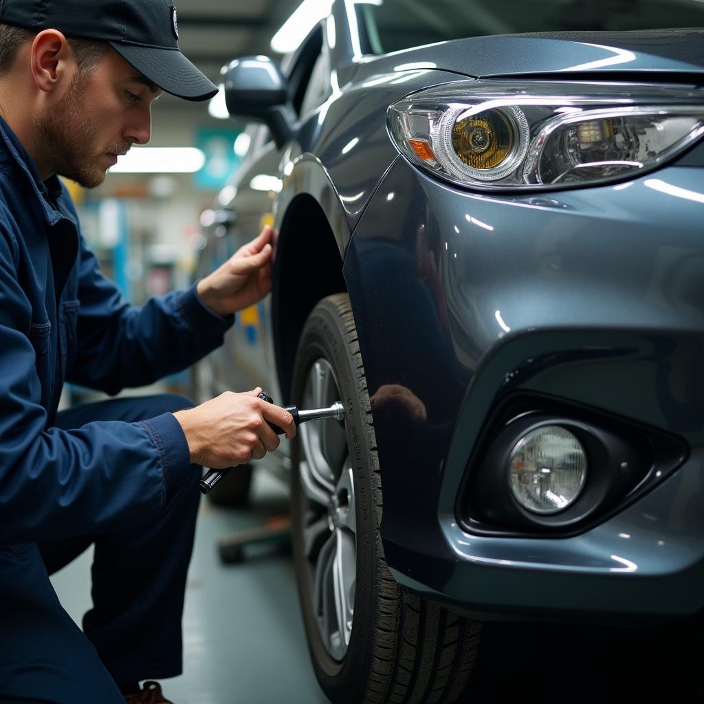 Car body repairs in progress at a professional workshop in Stockport