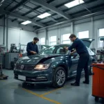 Car body repairs in progress at a professional workshop in Washington, West Sussex