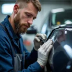 Car Body Work Repair Bridgwater: A technician inspects a car for damage in a professional body shop.