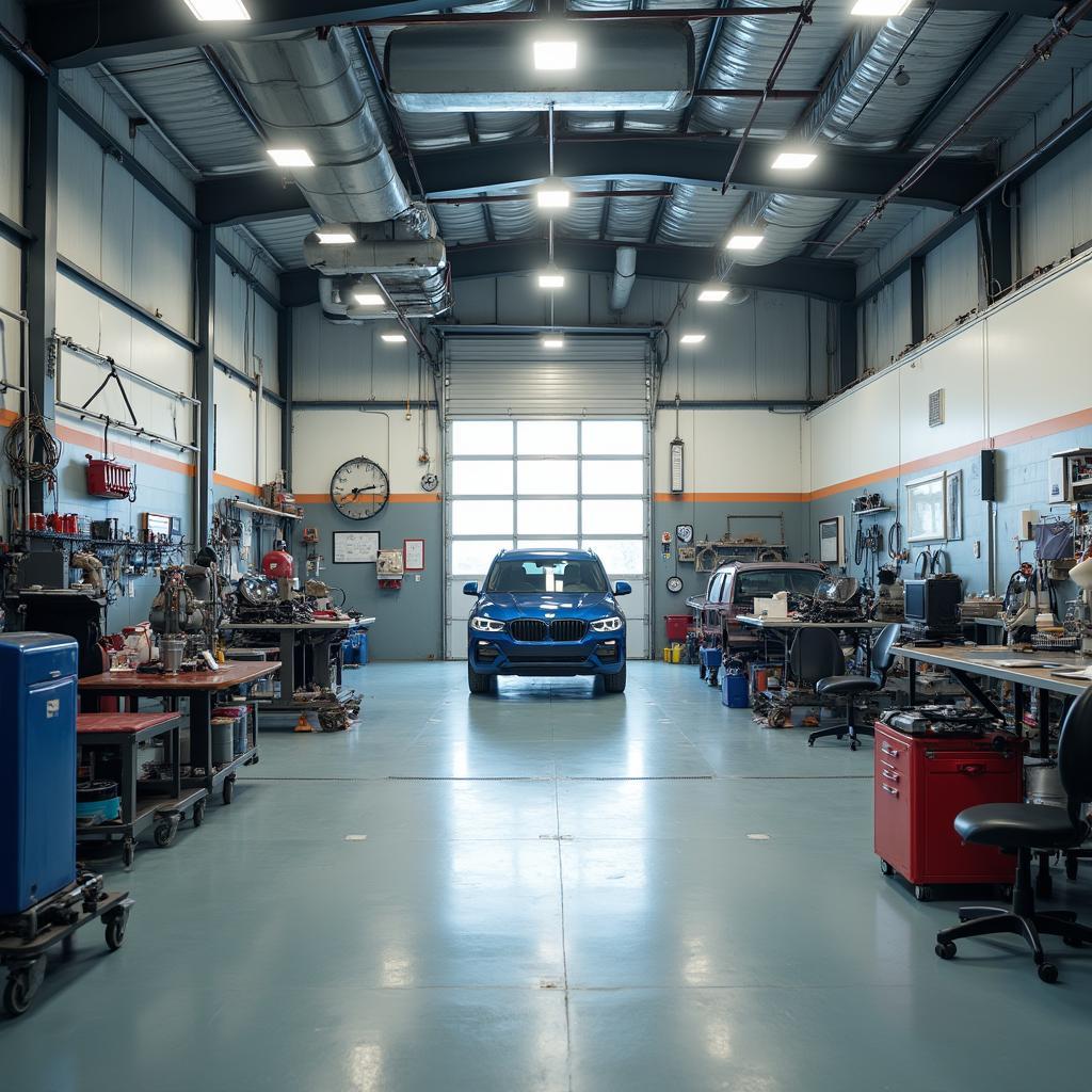 Car body work repair shop interior