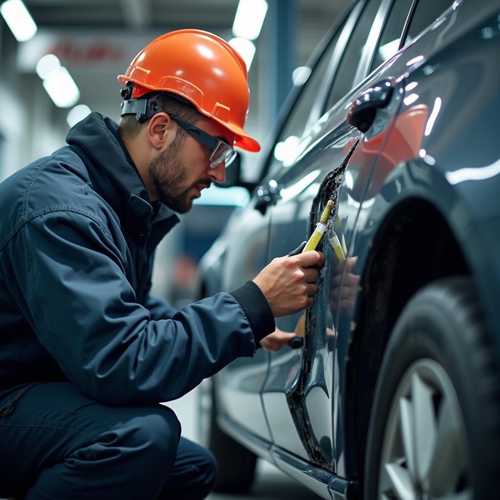 Car body work repair technician inspecting damage