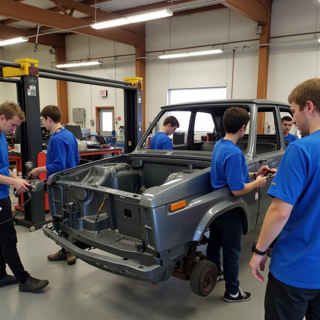 Students practicing car bodywork repair techniques