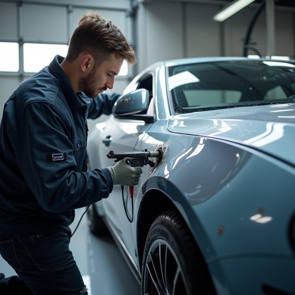 Car bodywork repair in progress at a professional garage in Cwmbran