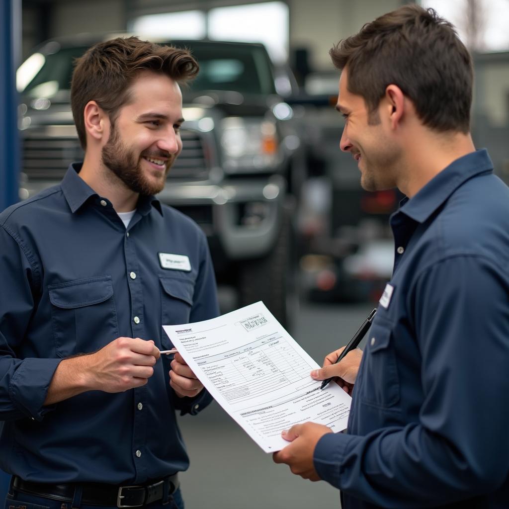 Mechanic Discussing Car Bodywork Repair Estimate with a Customer