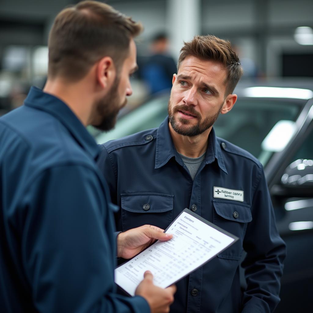 Mechanic discussing a car bodywork repair estimate with a customer in IG102DE.