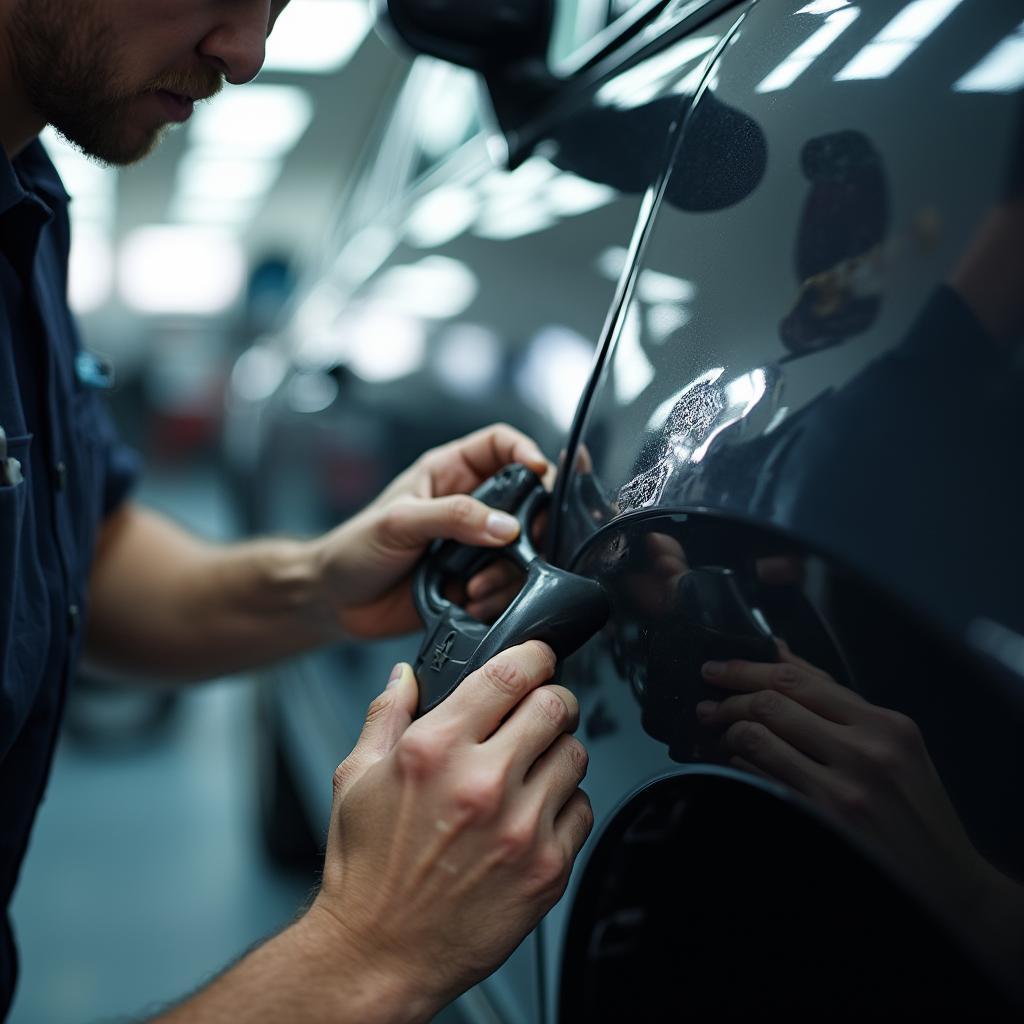 Car bodywork repair in progress at a professional shop in Potters Bar