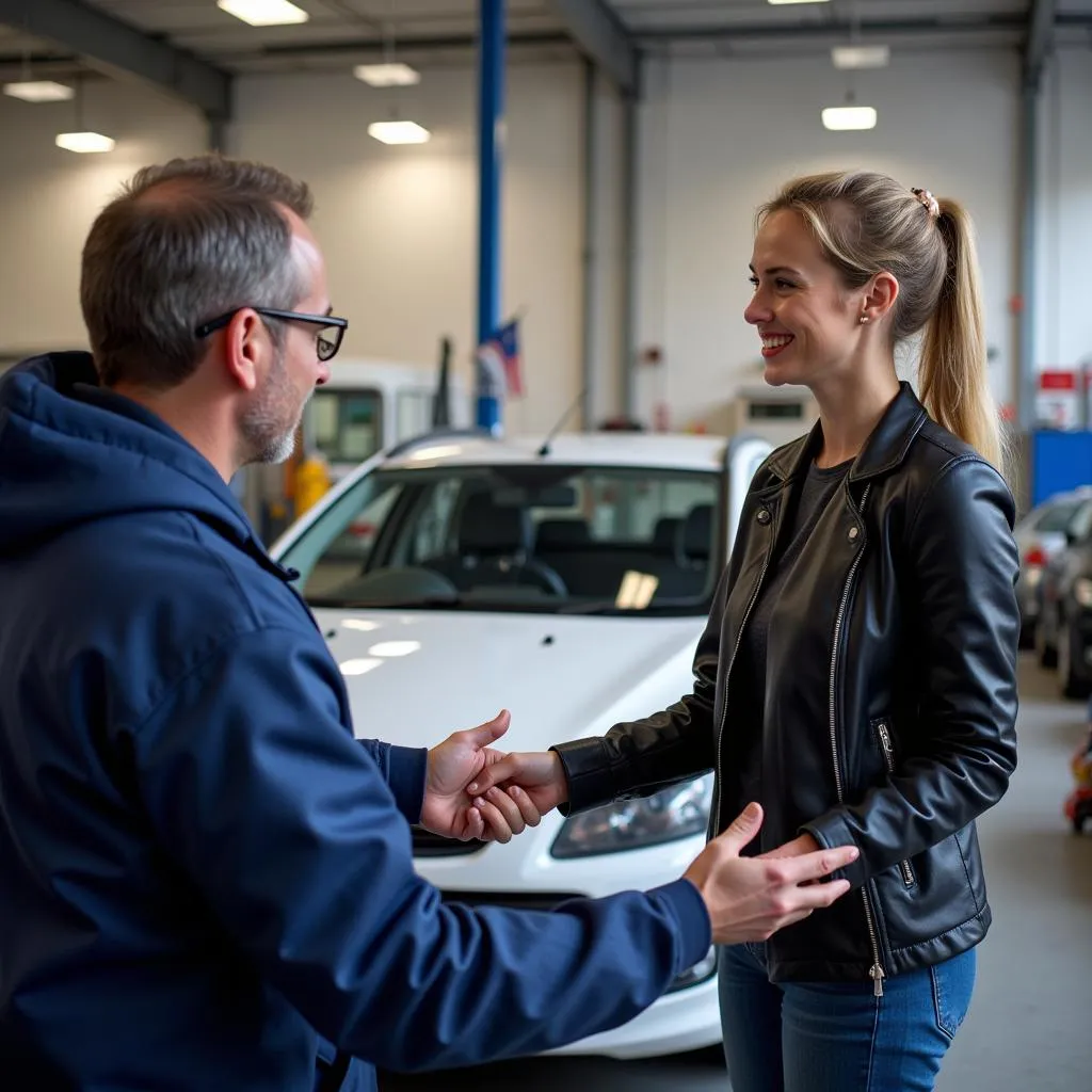 Satisfied customer receiving their repaired car in Selby