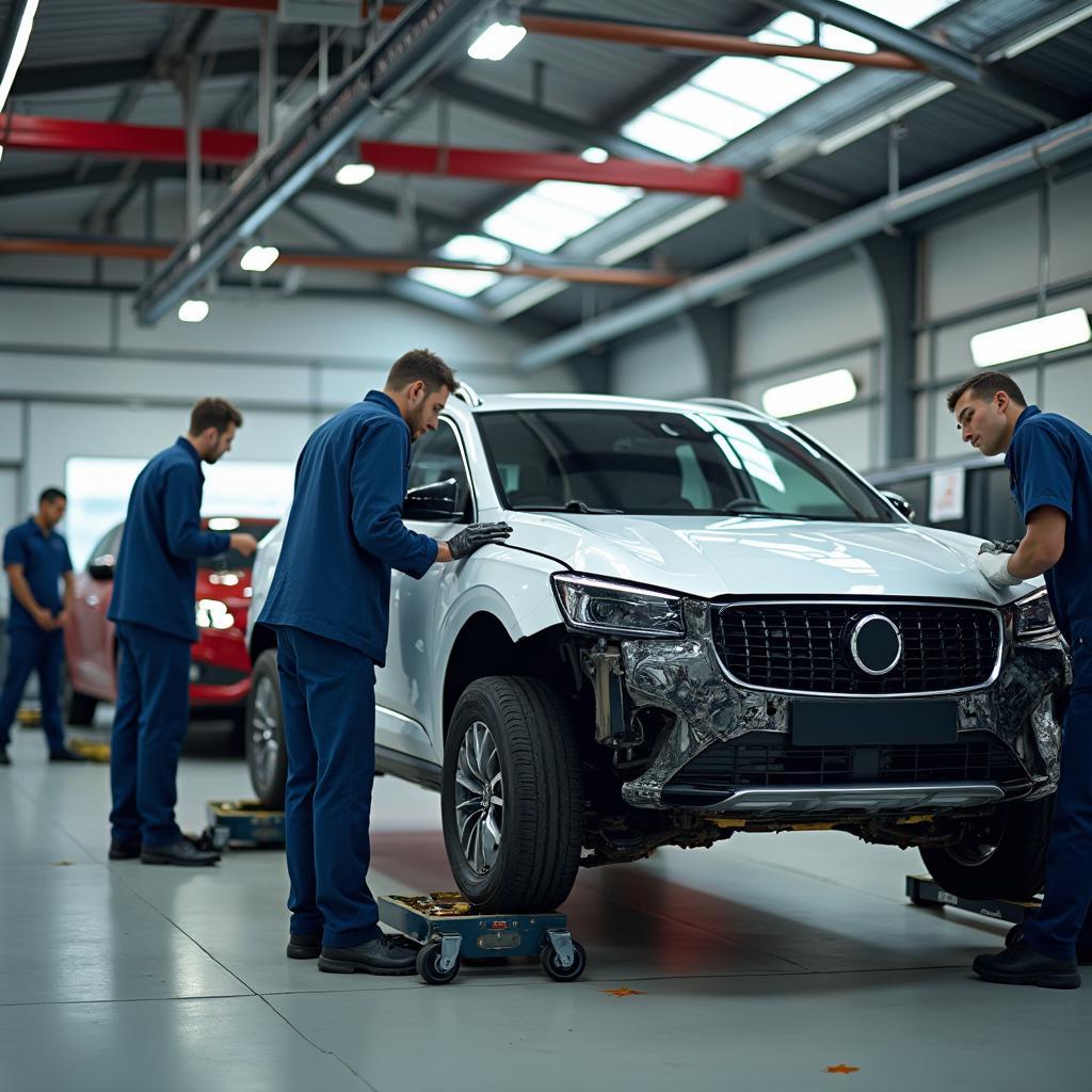 Car bodywork repairs in progress at a professional workshop in Barrow-in-Furness