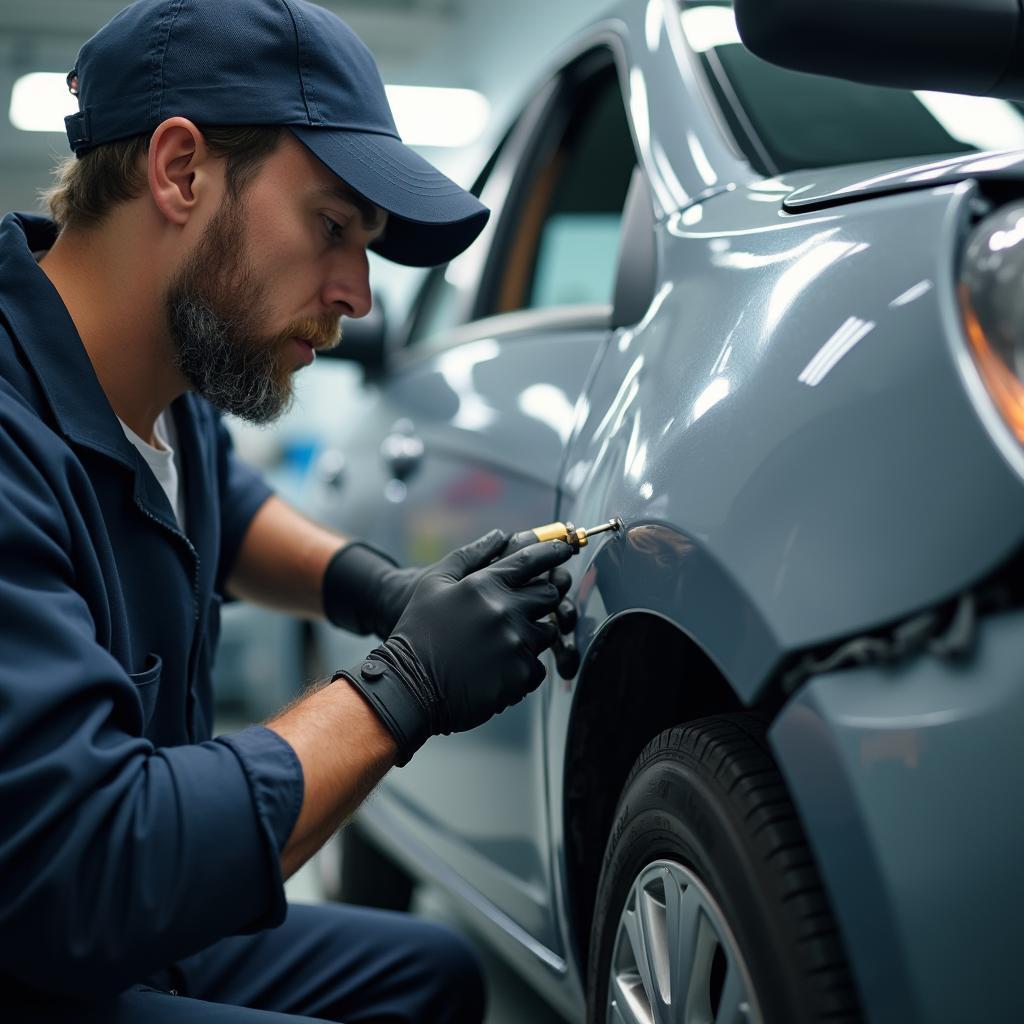 Car bodywork repairs in progress at a professional shop in Oswestry