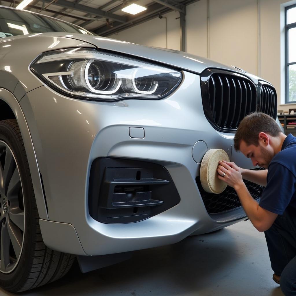 Car bumper repair process in a Hinckley workshop