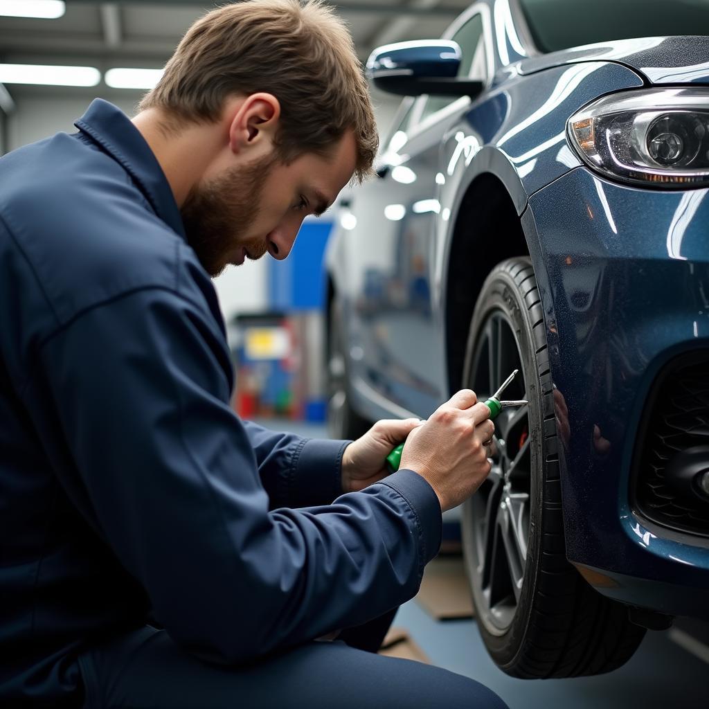 Skilled technician performing car bumper repair in Yateley