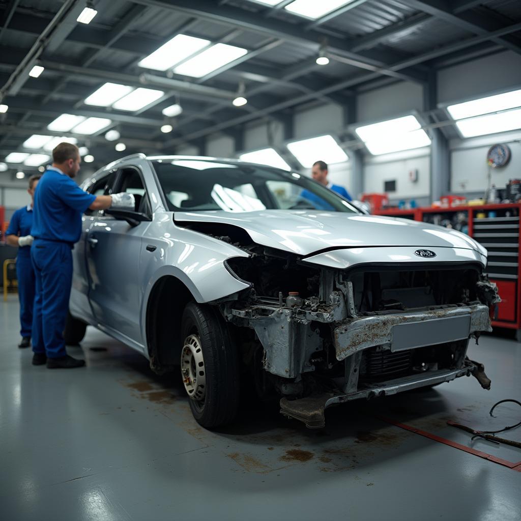  A car being repaired in a body shop following a collision