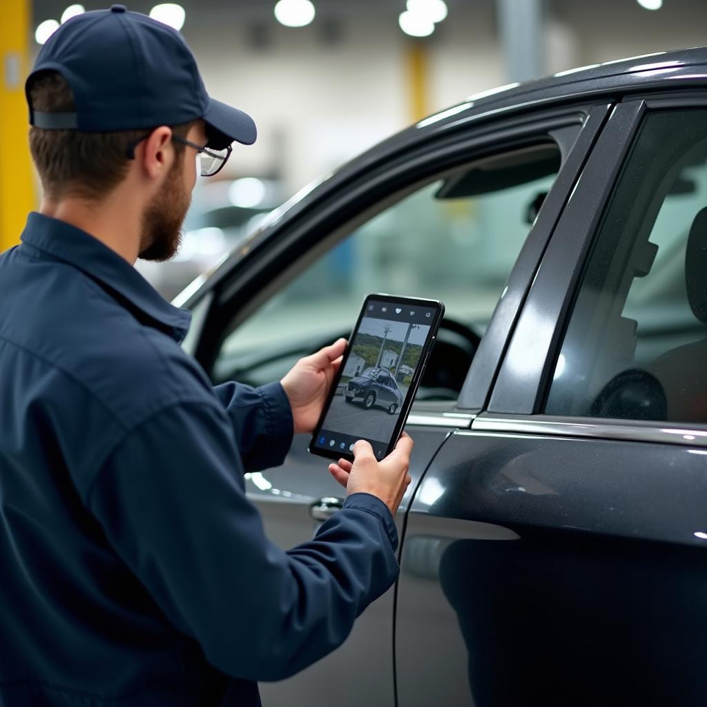 Mechanic assessing car damage for an online quote