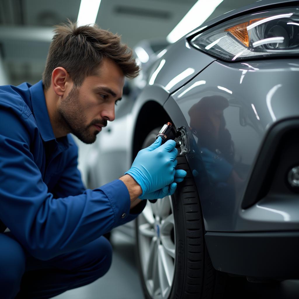 Technician inspecting car damage in Abu Dhabi