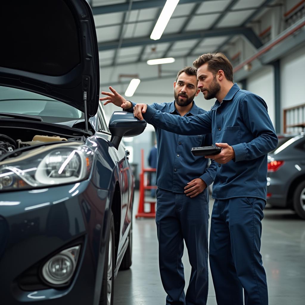 A mechanic inspecting car damage with a customer