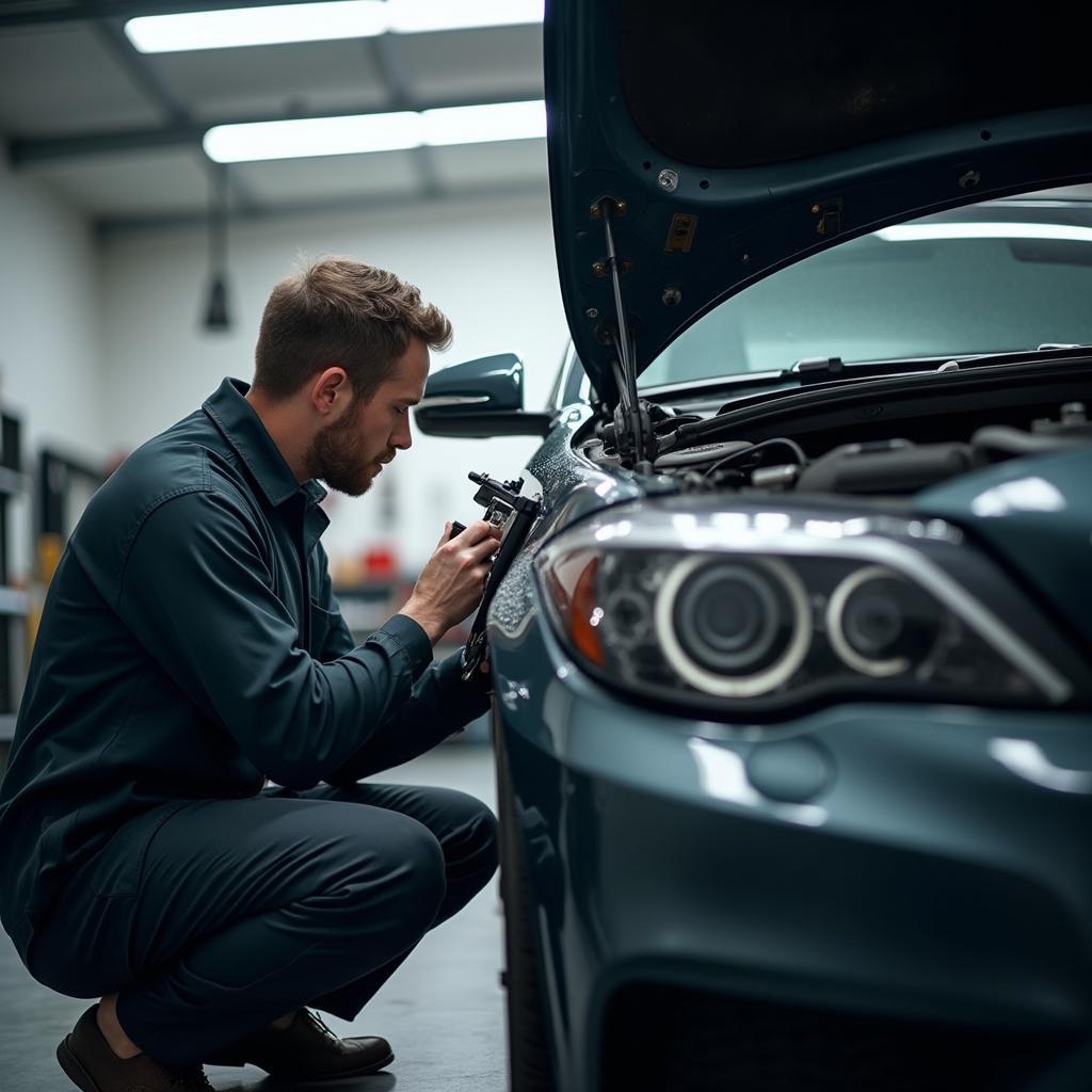 A mechanic assessing car damage for a repair quote